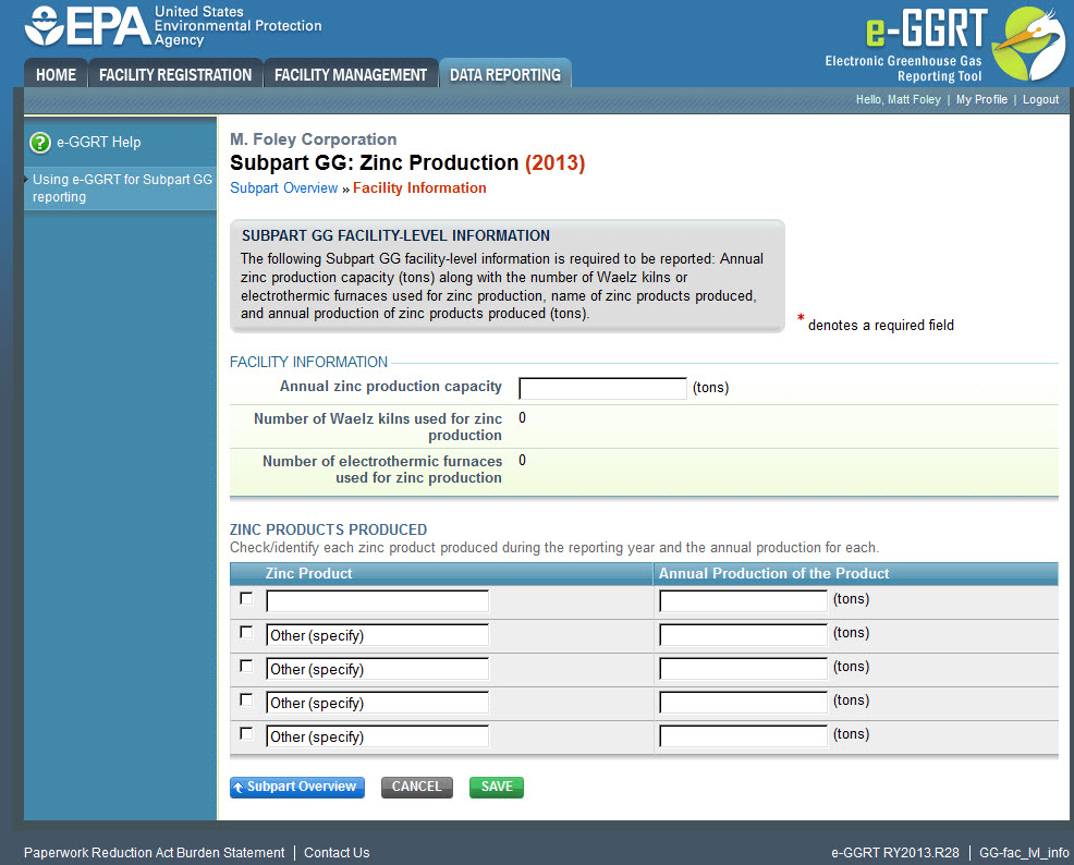 Subpart GG: Facility Information